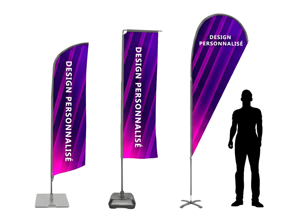 Drapeau publicitaire flamme et goutte Nancy : Beach flag personnalisé et oriflamme extérieur pour commerce et événement à Metz.