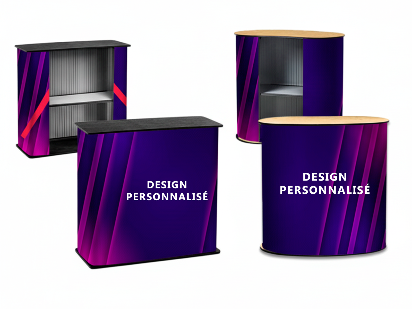 Comptoir d'accueil stand salon Nancy : Banque d'accueil publicitaire personnalisée et mobilier PLV pliable à Metz et Lorraine.