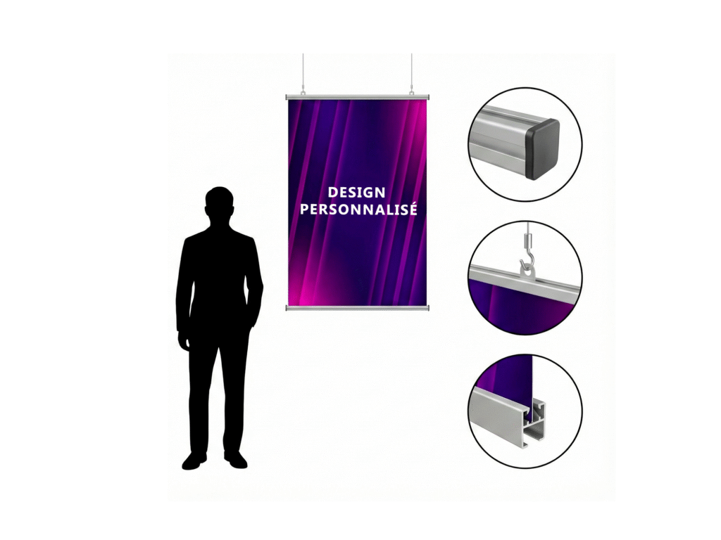 Kakemono suspendu vitrine Nancy : Signalétique plafond avec barres aluminium clippantes pour magasin et showroom à Metz.