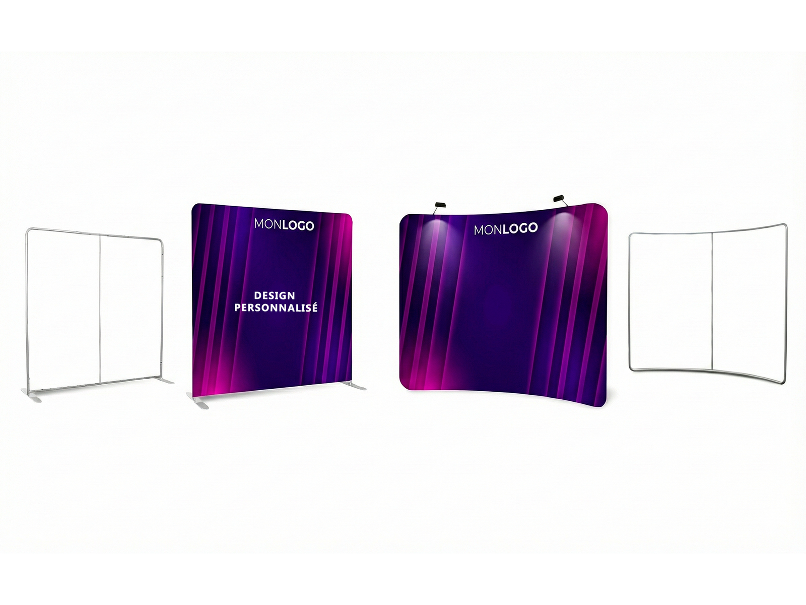 Mur d'image stand parapluie Nancy : Photocall textile courbe et droit pour salon professionnel et événement à Metz.