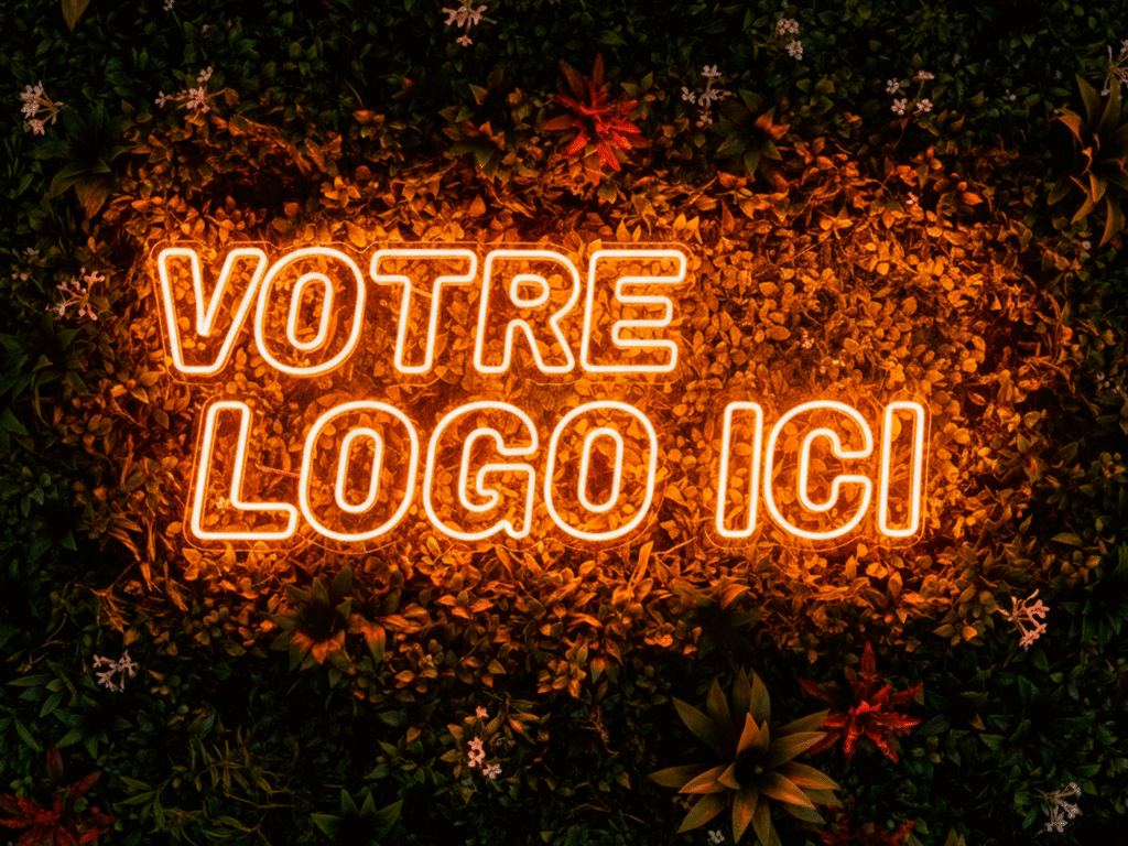 Enseigne Néon LED personnalisé Nancy : Logo lumineux sur mur végétal pour restaurant, bar, mariage et décoration événementielle à Metz.