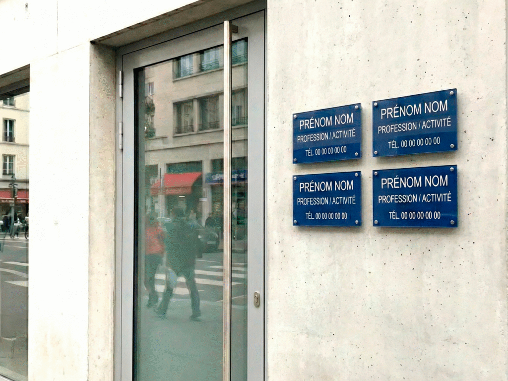Plaque professionnelle Nancy : Signalétique entrée en plexiglas et alu pour médecin, avocat et entreprise à Metz et Lorraine.