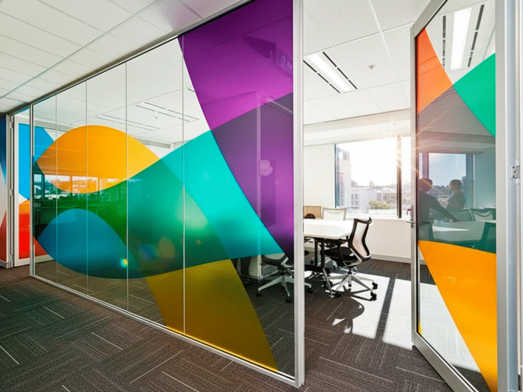 Film adhésif coloré pour vitrage à Nancy : Décoration vitrophanie design et film couleur pour cloison bureau et vitrine à Metz.