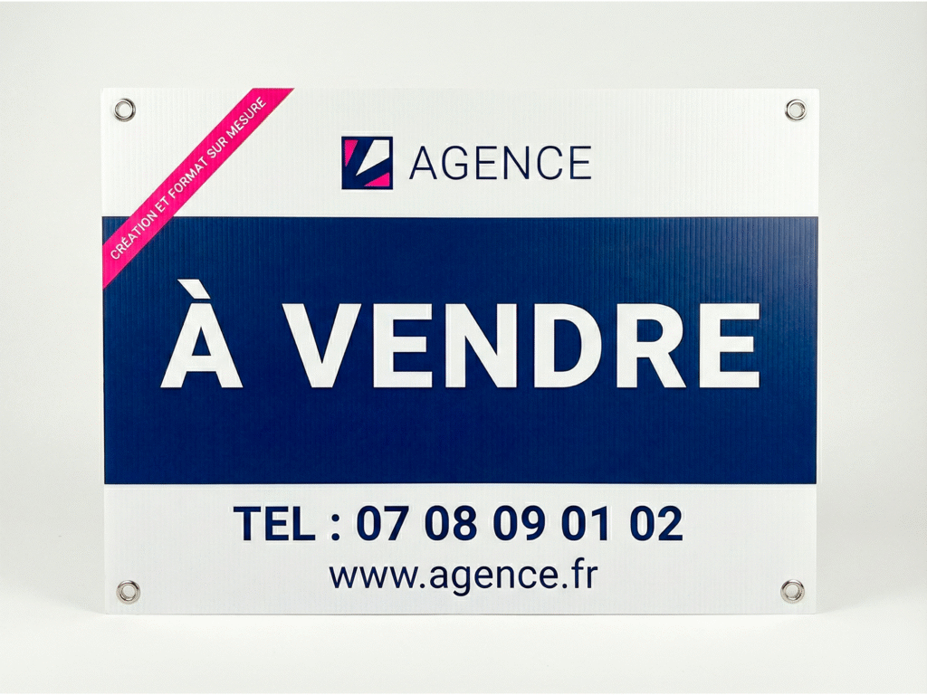 Panneau immobilier à vendre Nancy : Impression panneau Akilux avec œillets pour agence immobilière et chantier à Metz.